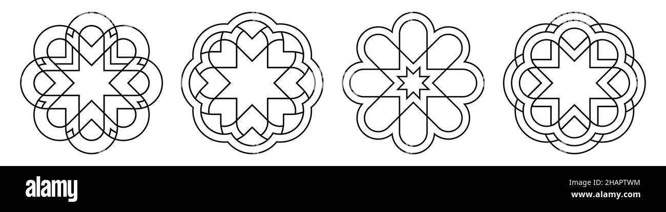 Ensemble de décorations circulaires.Contours symétriques arrondis motifs isolés sur fond blanc.Éléments décoratifs vintage.Fleurs stylisées, signes. Illustration de Vecteur