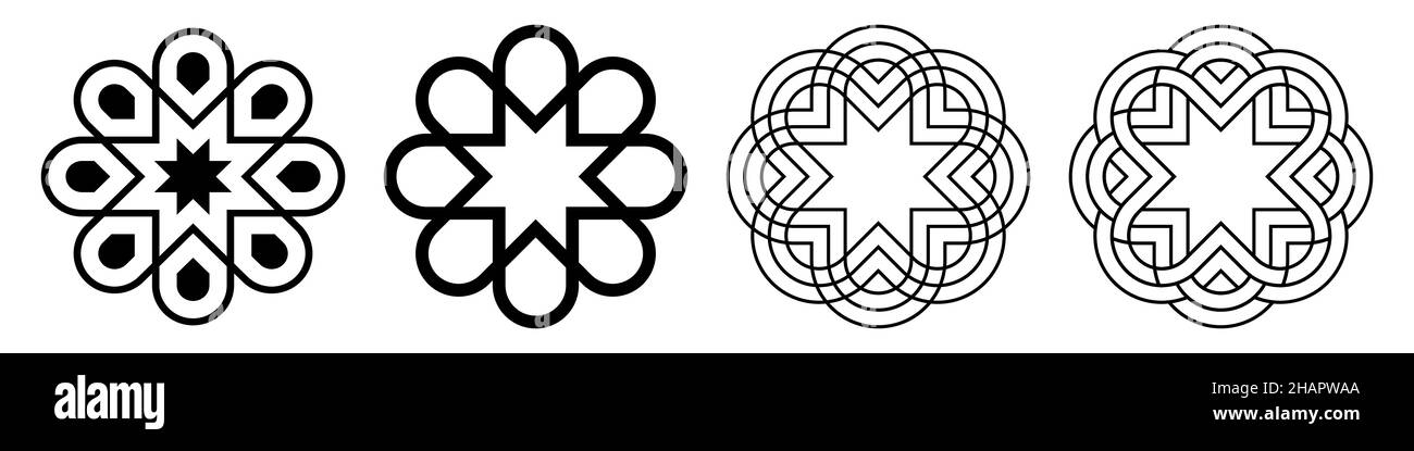 Ensemble de décorations circulaires.Motifs symétriques ronds isolés sur fond blanc.Éléments décoratifs vintage.Fleurs stylisées, signes. Illustration de Vecteur