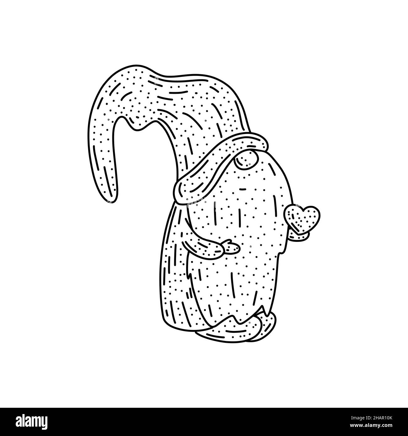 Gnome dessiné à la main tenant le coeur dans une main.Concept de Saint-Valentin ou de mariage.Illustration vectorielle isolée en style doole Illustration de Vecteur