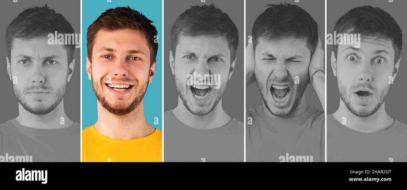 Homme millénaire montrant diverses émotions, image créative avec accent sur l'expression positive du visage, panorama Banque D'Images