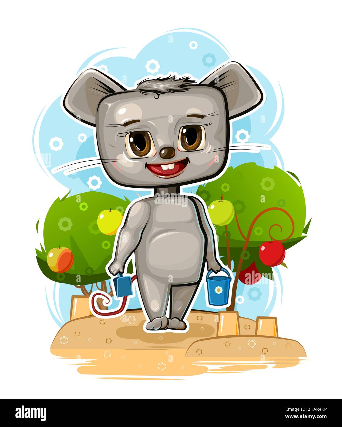 Souris mignonne dans le bac à sable.Genre enfant tout-petit animal.Beau jardin.Illustration pour les enfants.Isolé sur fond blanc.Vecteur. Illustration de Vecteur