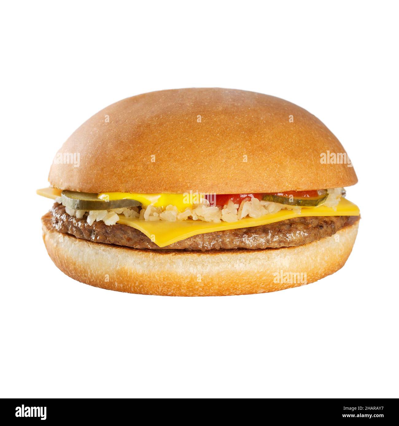 Cheeseburger classique au cheddar.Isolé sur fond blanc. Banque D'Images