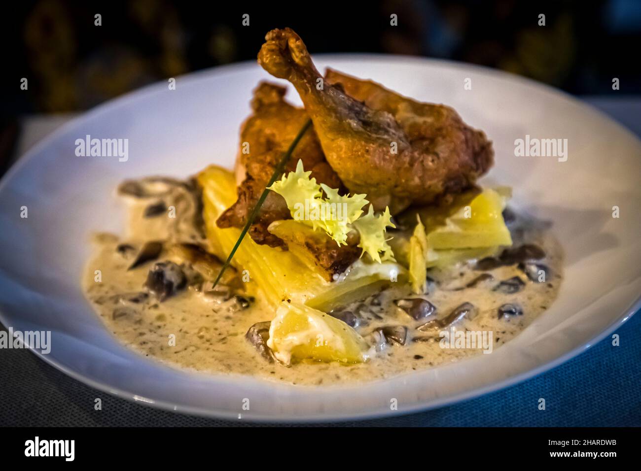 Une cuisse de volaille frit crispement repose sur des tranches de pommes de terre et des champignons dans une sauce à la crème, garnie de laitue frisée : un plat du soir au restaurant "Le 89" sur le Cours de la République à Narbonne, dans le département de l'Aude, France. Banque D'Images