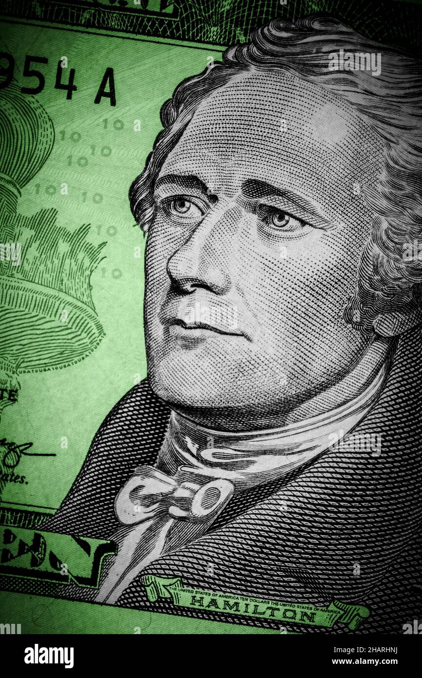 Gros plan d'un portrait d'Alexander Hamilton sur la partie avant d'une note de dix dollars Banque D'Images