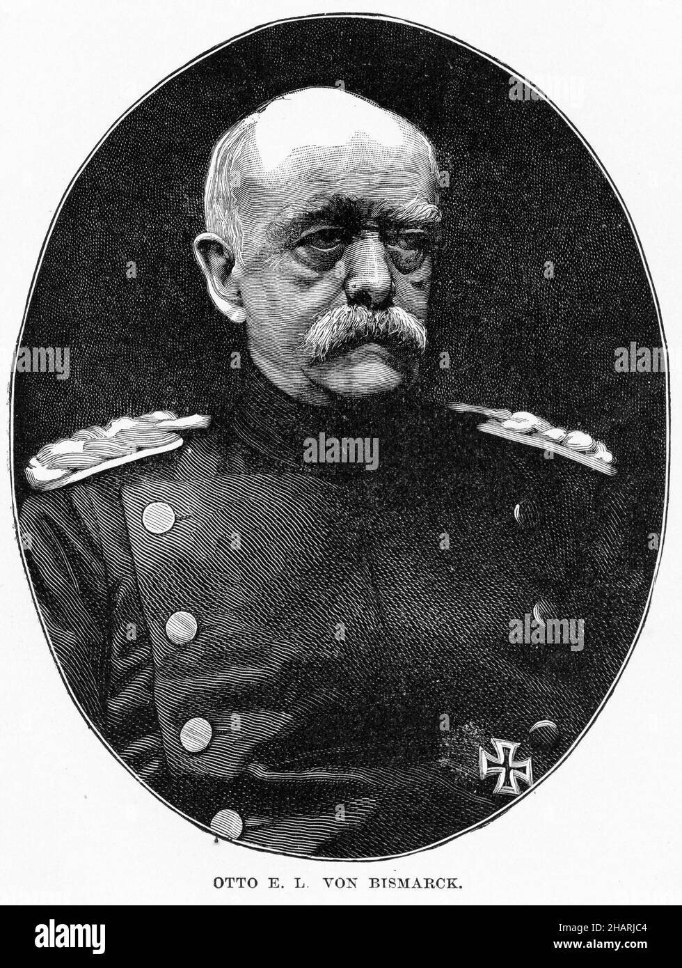 Gravure d'Otto, prince de Bismarck, comte de Bismarck-Schönhausen, duc de Lauenburg (1815 – 1898), né Otto Eduard Leopold von Bismarck, homme d'État, diplomate, avocat et écrivain allemand conservateur. Banque D'Images