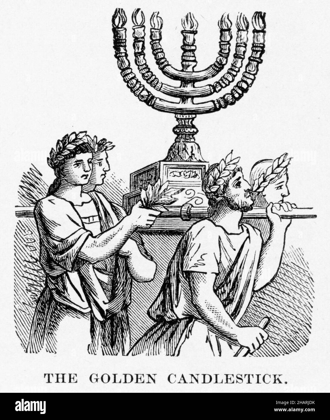 Gravure du candestique doré capturé de Jérusalem et porté par des soldats romains dans un triomphe à travers les rues de Rome Banque D'Images