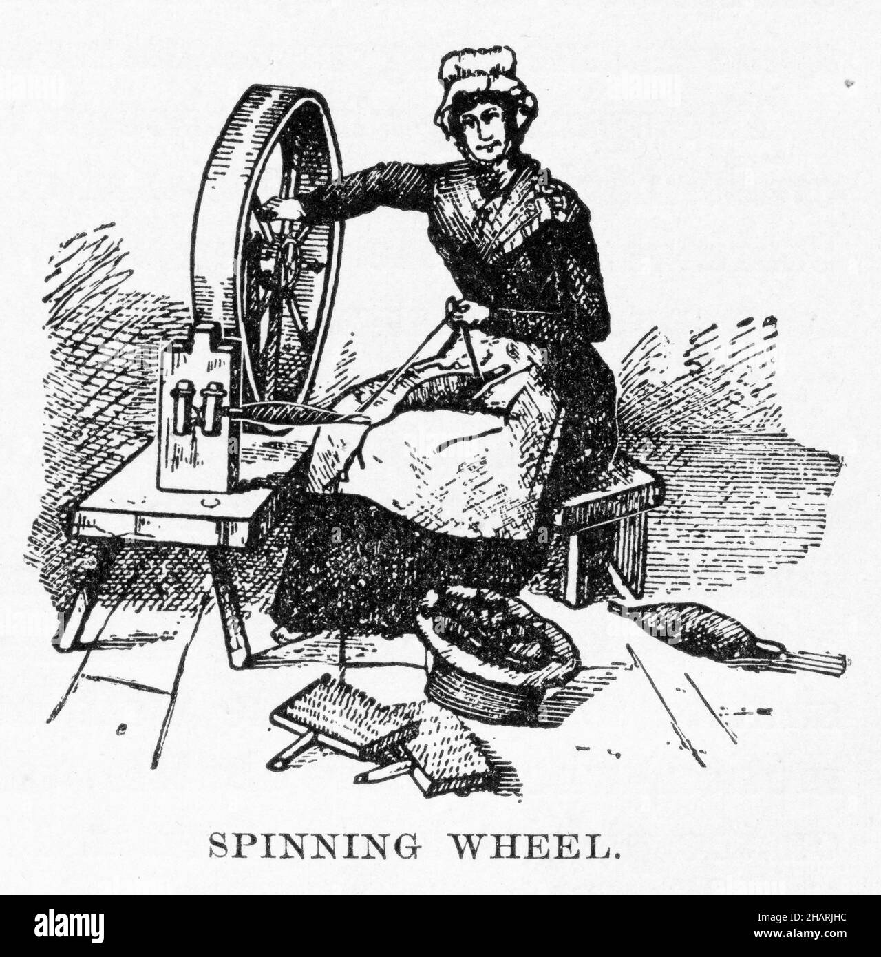 Gravure d'une femme âgée à l'aide d'une roue tournante, publiée vers 1908 Banque D'Images