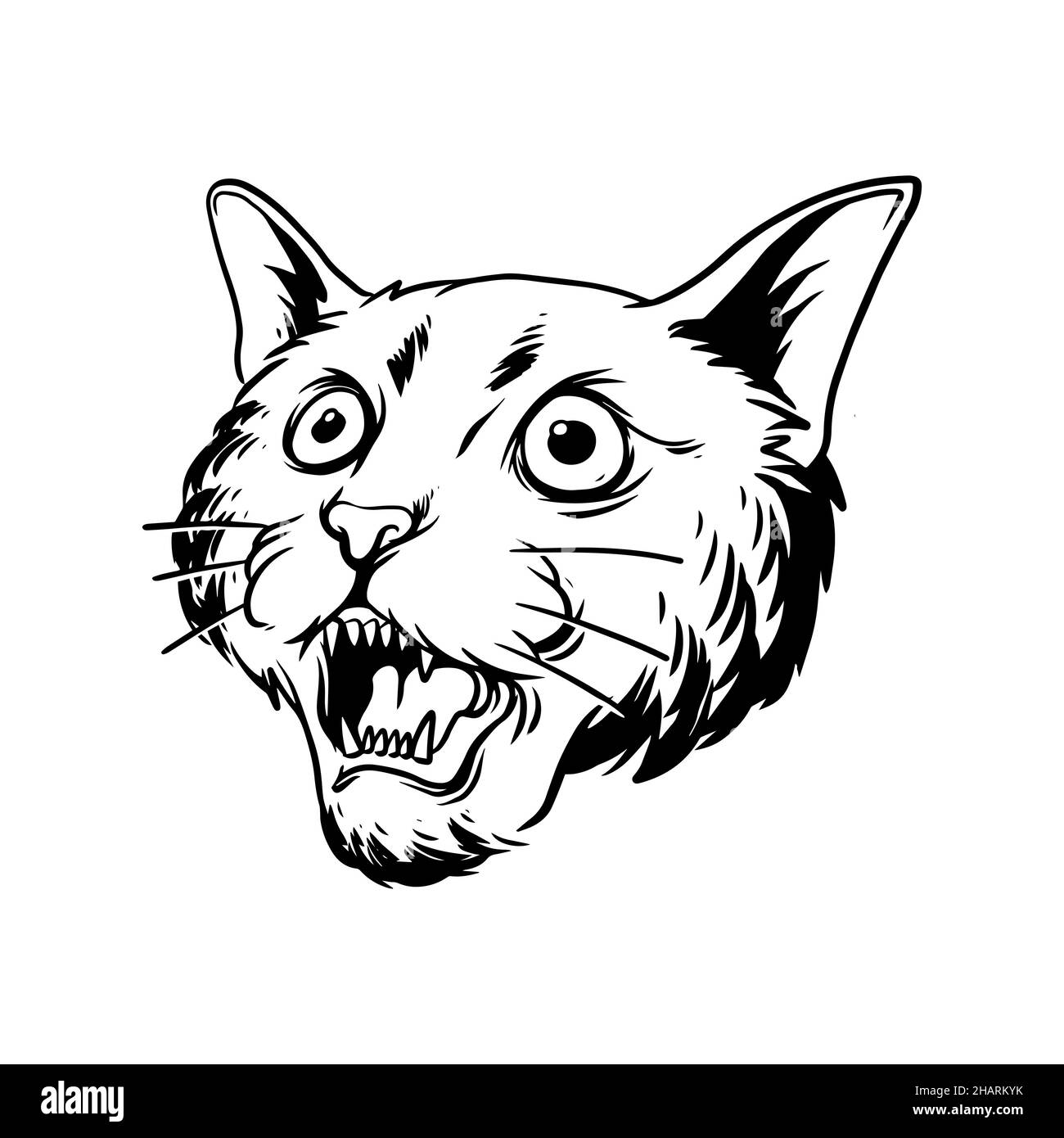 une illustration de chat en colère. une illustration dessinée à la main d'une tête d'animal sauvage. dessin d'art de ligne pour emblème, affiche, autocollant, tatouage, etc Banque D'Images