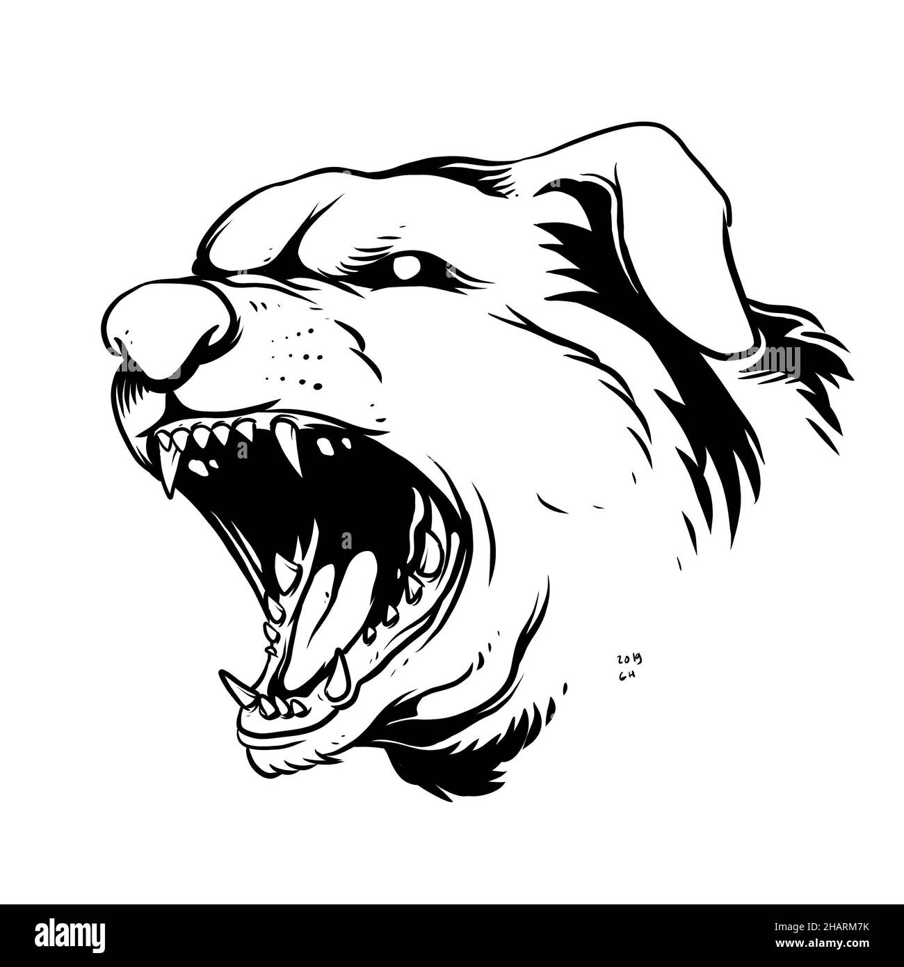 un visage furieux de chien aboyant. une illustration dessinée à la main d'une tête d'animal sauvage. dessin d'art de ligne pour emblème, affiche, autocollant, tatouage, etc Banque D'Images