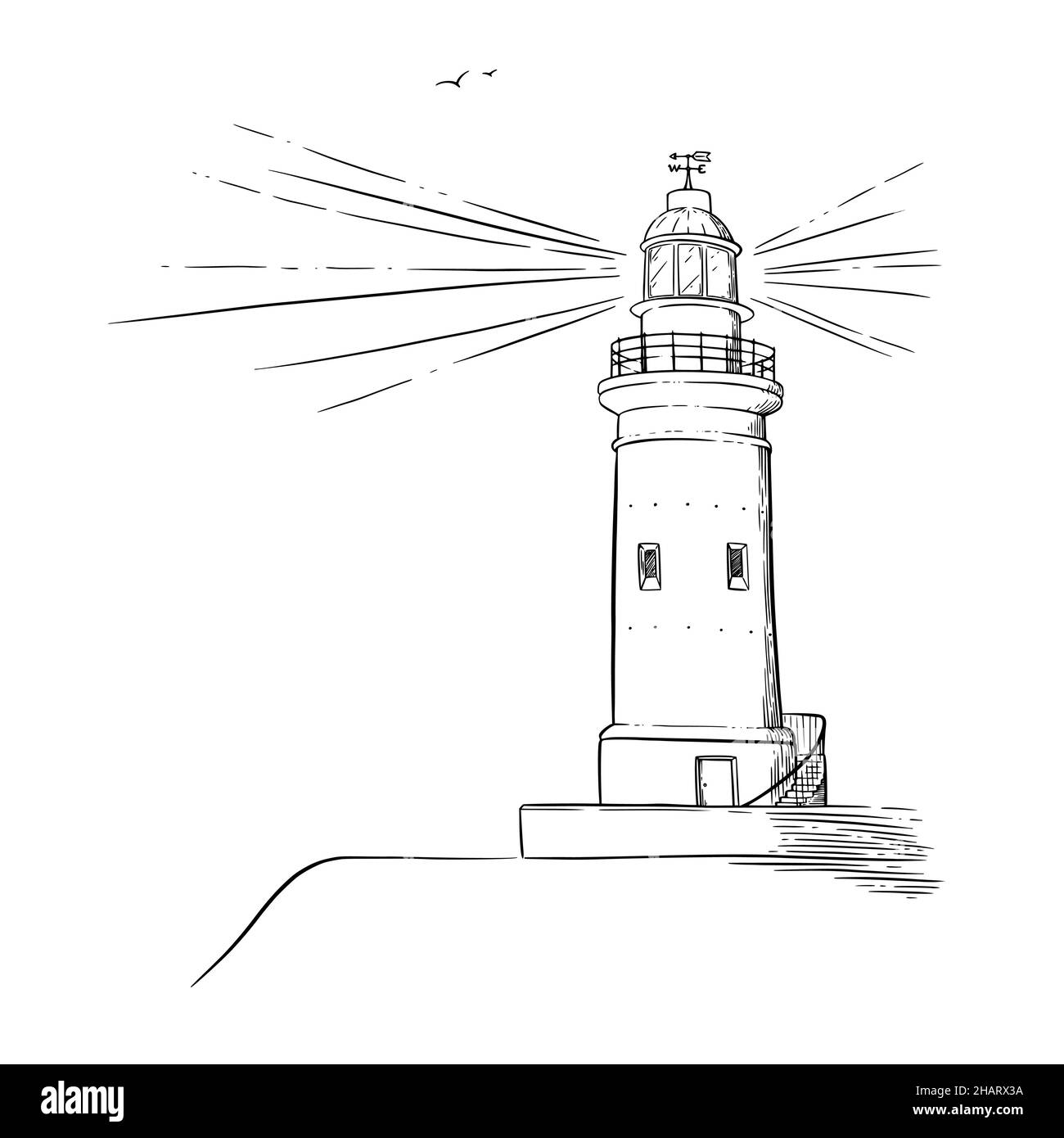 Croquis du phare.Gyrophare avec faisceau lumineux.Illustration vectorielle isolée sur fond blanc Illustration de Vecteur