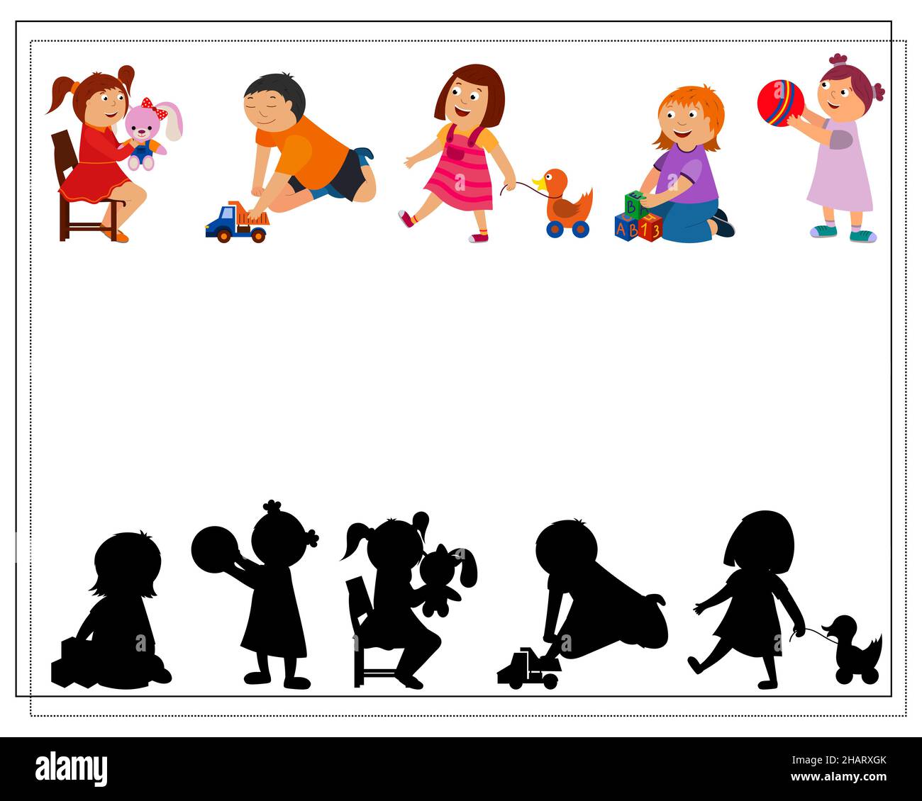 Le jeu logique des enfants trouve l'ombre droite.Mignon dessin animé enfants jouant avec des jouets. Vecteur isolé sur un fond blanc. Illustration de Vecteur