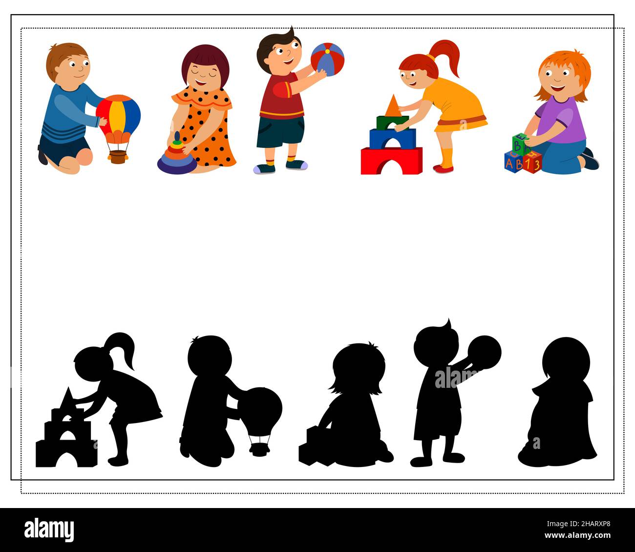 Le jeu logique des enfants trouve l'ombre droite.Mignon dessin animé enfants jouant avec des jouets. Vecteur isolé sur un fond blanc. Illustration de Vecteur