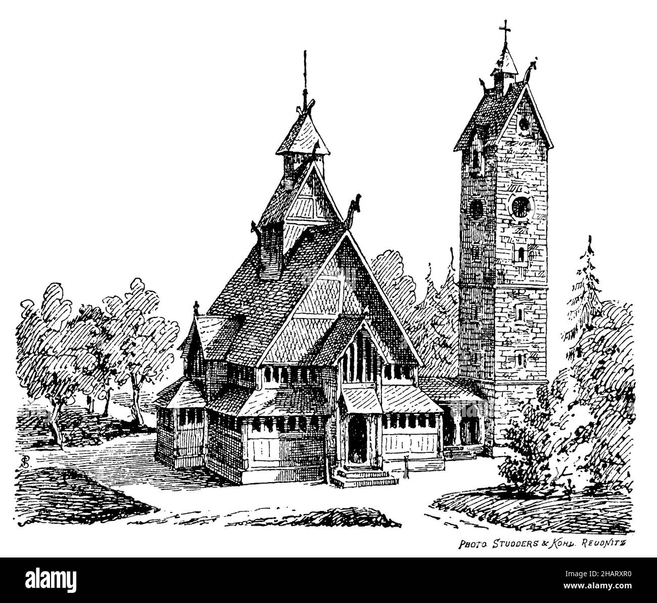 L'église Wang Stave, église médiévale norvégienne de Vang, acquise par le roi prussien Frederick William IV en 1841 et reconstruite à Brückenberg (aujourd'hui Karpacz Górny), aujourd'hui un quartier de Krummhübel (aujourd'hui Karpacz) dans les Monts Krkonoše.(Selon Lachner), , photo Studders & Kons (livre d'histoire de l'art, 1904), Stabkirche Wang, mittelalterliche norwegische Stabholzkirche aus Vang, die 1841 vom preußischen Friedrich König IV. Erworben und in Brückenberg (heöl Karpacz Górny), die Krütwukheel de Krweich im de Körtwübeim.(Nach Lachner), Stabki Banque D'Images