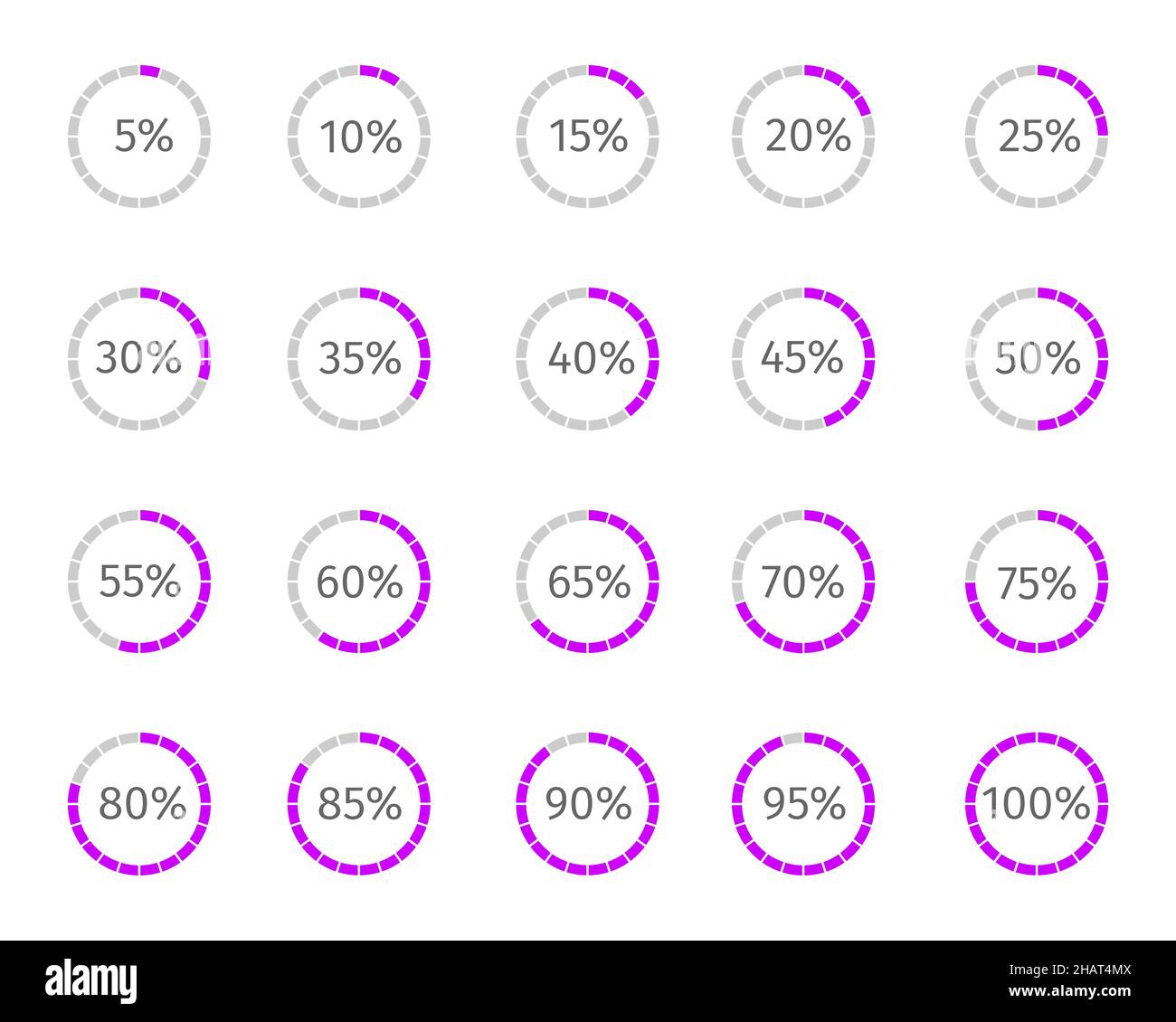 Barres de chargement rondes avec des nombres de pourcentage divisés sur des segments de 1 à 20.Jeu de symboles de progression, d'attente ou de téléchargement.Éléments d'animation infographique pour l'interface du site Web.Illustration vectorielle plate. Illustration de Vecteur