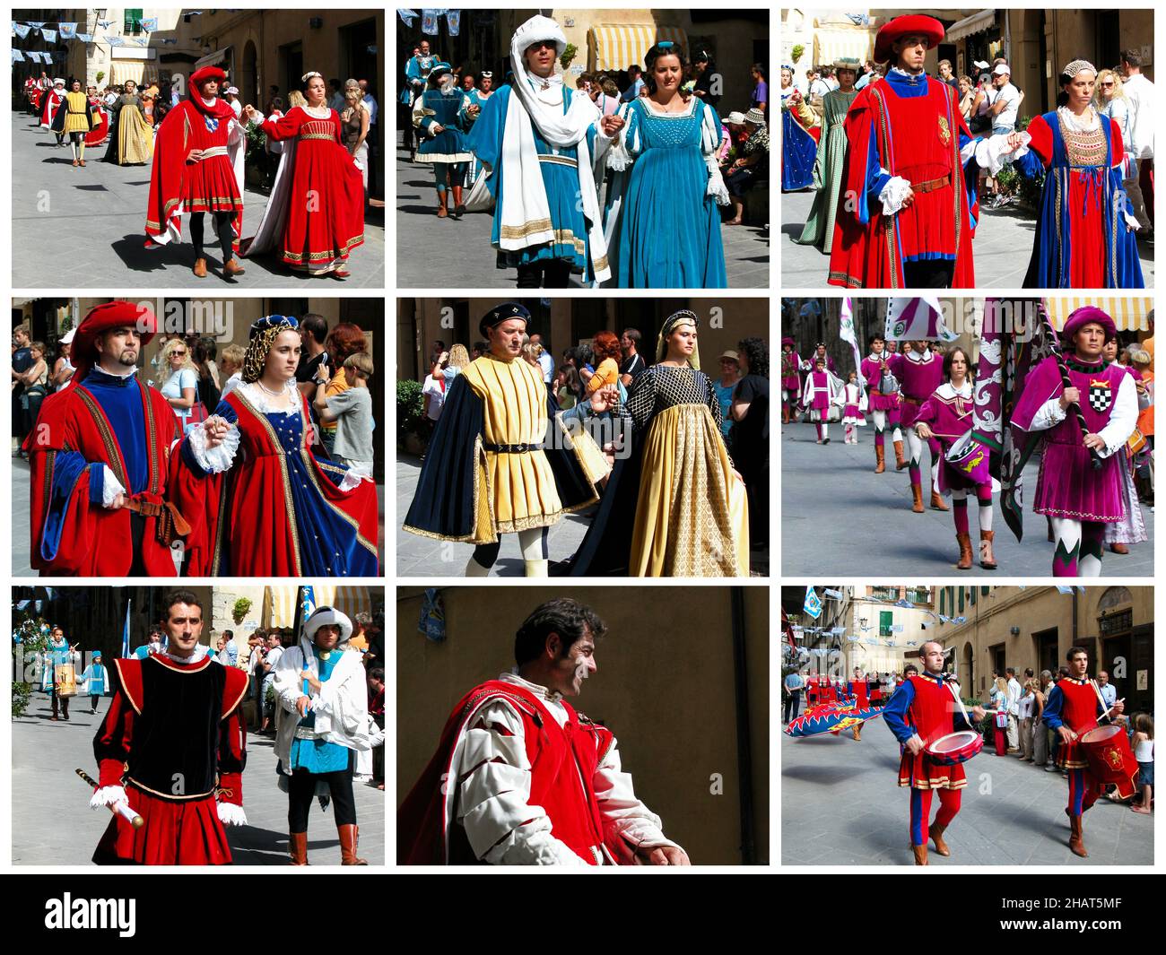 Sarteano - Italie - 15 août 2018 : Collage photo du joust médiéval de Saracen.Giostra del Saracino.Défilé dans les rues de Sarteano avant Joustin Banque D'Images