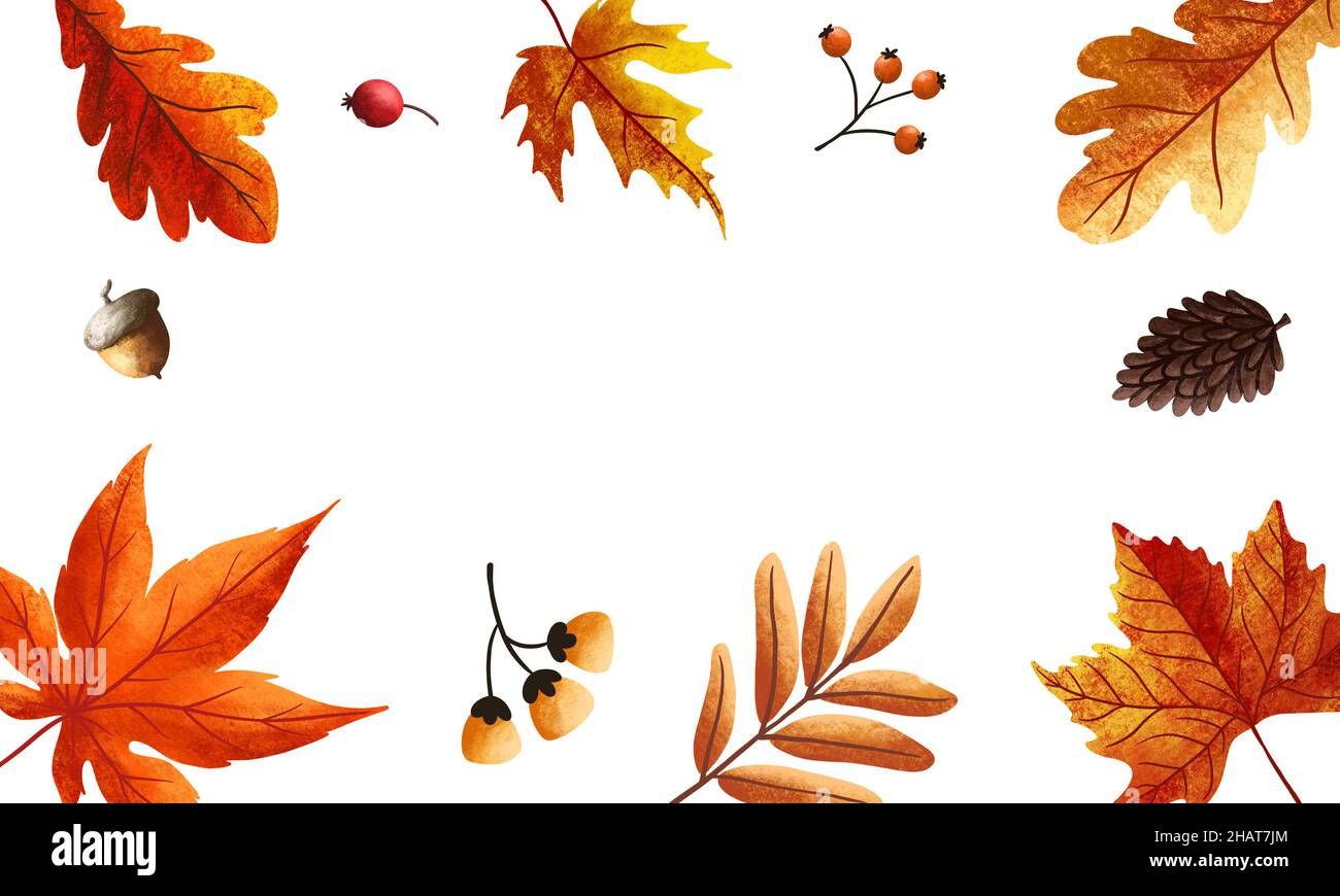 Composition d'arrière-plan d'automne pour la conception d'impression.Cadre joyeux Thanksgiving avec du pin et des feuilles séchées Banque D'Images