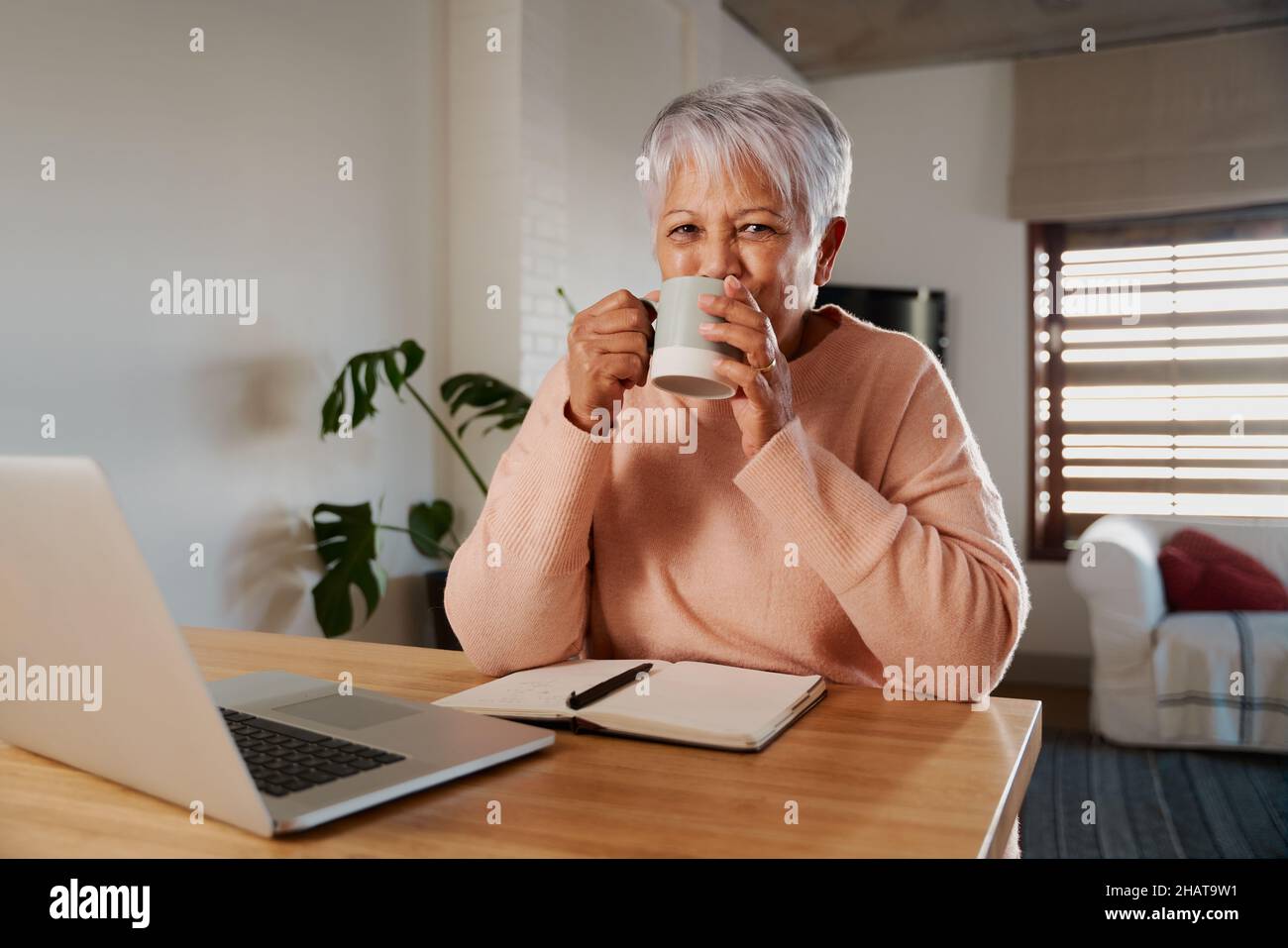 Portrait d'une femme multiethnique âgée souriant à l'appareil photo, sirotant une tasse de café du matin.Salon avec ordinateur portable au comptoir de la cuisine. Banque D'Images