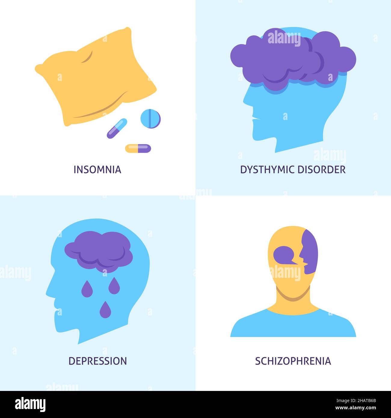 Icône troubles mentaux de style plat.Symboles de dépression, d'insomnie, de schizophrénie et de dysthymie.Illustration vectorielle. Illustration de Vecteur