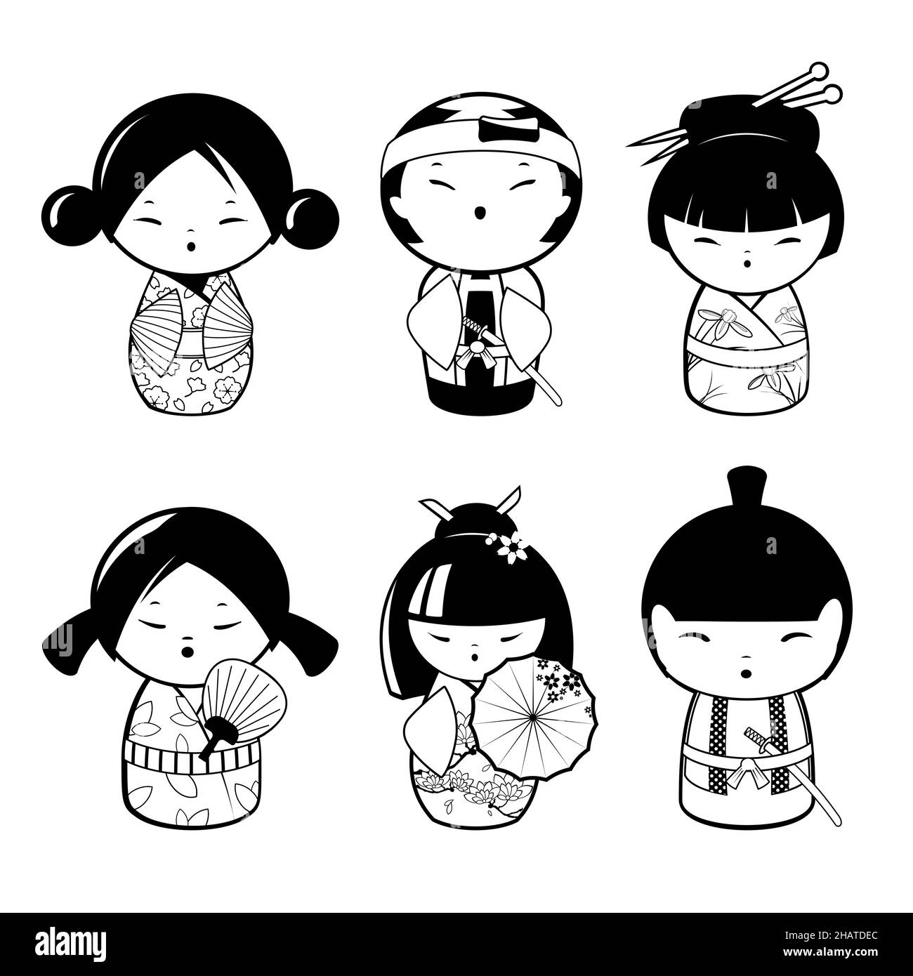 Poupées kokeshi japonaises traditionnelles pour colorier la page Illustration de Vecteur