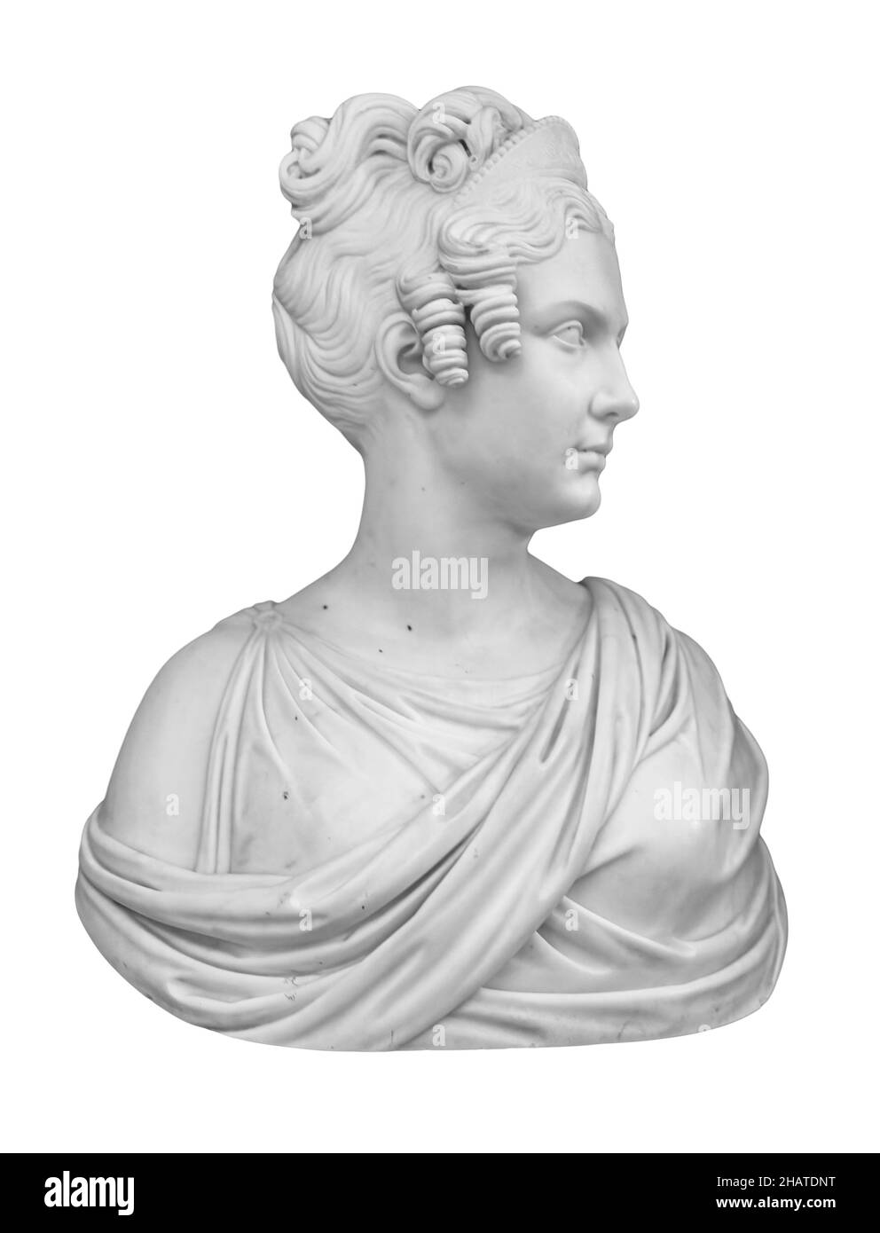 Copie en gypse de l'ancienne statue de la jeune dame de pensée isolée sur fond blanc.Vue latérale de la sculpture en plâtre visage de femme Banque D'Images