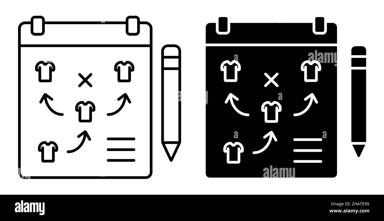 Icône linéaire.Tablette avec plan de disposition des joueurs sur le terrain de football.Entraîneur de premier plan par les joueurs de l'équipe pendant le match.Simple noir et blanc Illustration de Vecteur