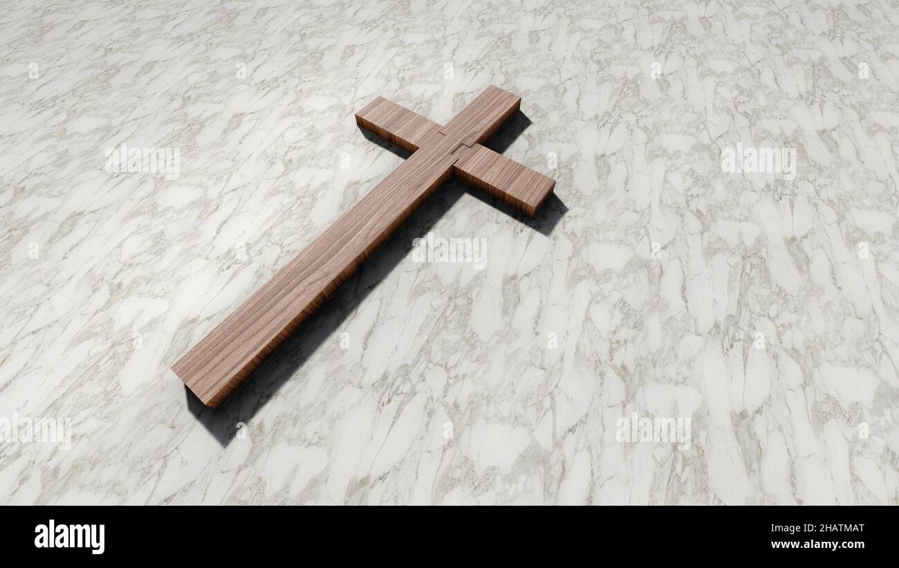 Concept ou croix en bois conceptuelle sur un fond en marbre blanc. métaphore de l'illustration 3d pour Dieu, Christ, Christianisme, religieux, foi, hol Banque D'Images