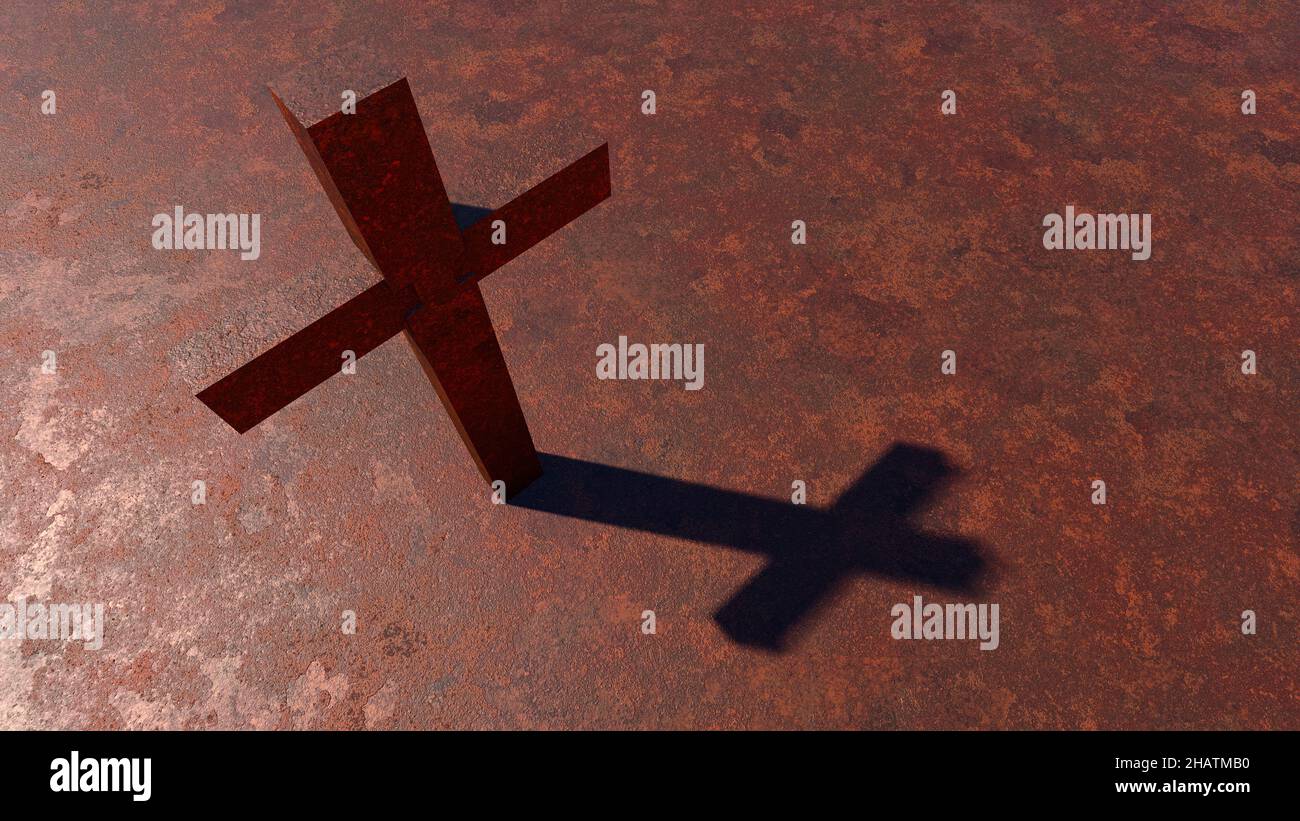 Concept ou croix conceptuelle sur un fond de tôle ou de tôle d'acier corrodé rouillé. métaphore de l'illustration 3d pour Dieu, Christ, Christianisme, religieux, f Banque D'Images