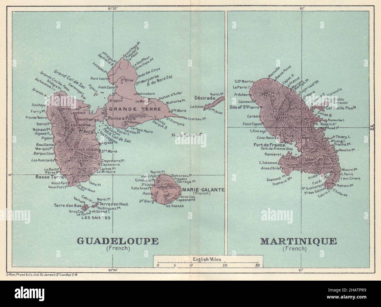 ANTILLES FRANÇAISES.Martinique Guadeloupe.French West Indies carte vintage 1923 Banque D'Images