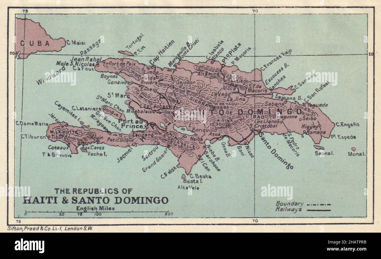 HISPANIOLA.Haïti et Saint-Domingue (République dominicaine) carte d'époque 1923 Banque D'Images