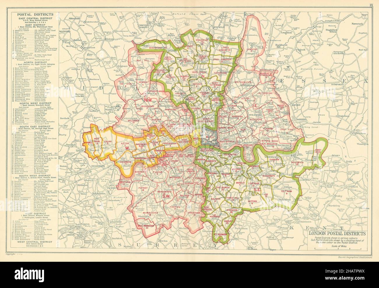 QUARTIERS POSTAUX DE LONDRES.Zones de code postal.N NW W SW SE E. BACON 1923 ANCIENNE CARTE Banque D'Images