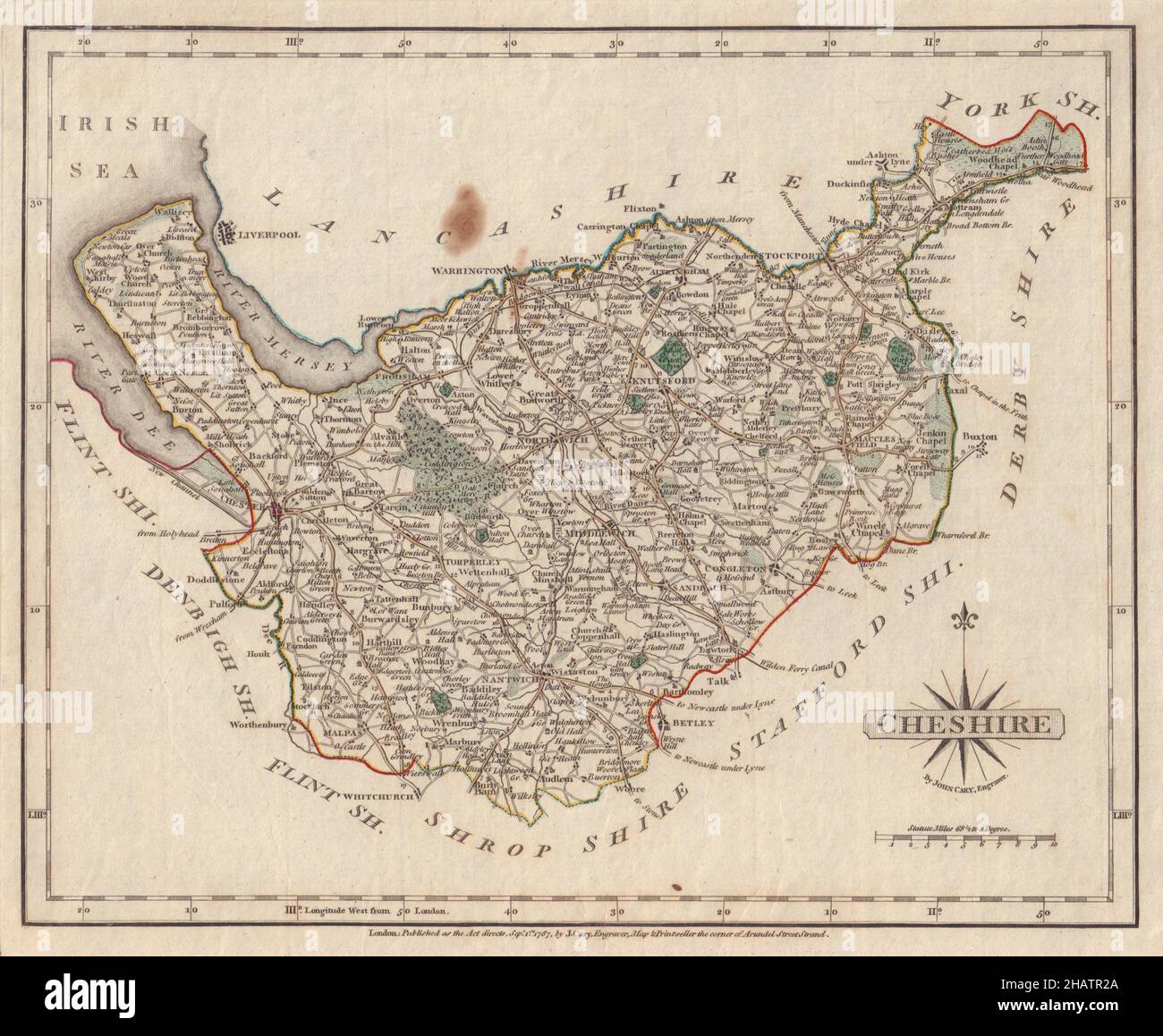 Carte antique du comté de CHESHIRE par JOHN CARY.Couleur du contour original 1787 Banque D'Images