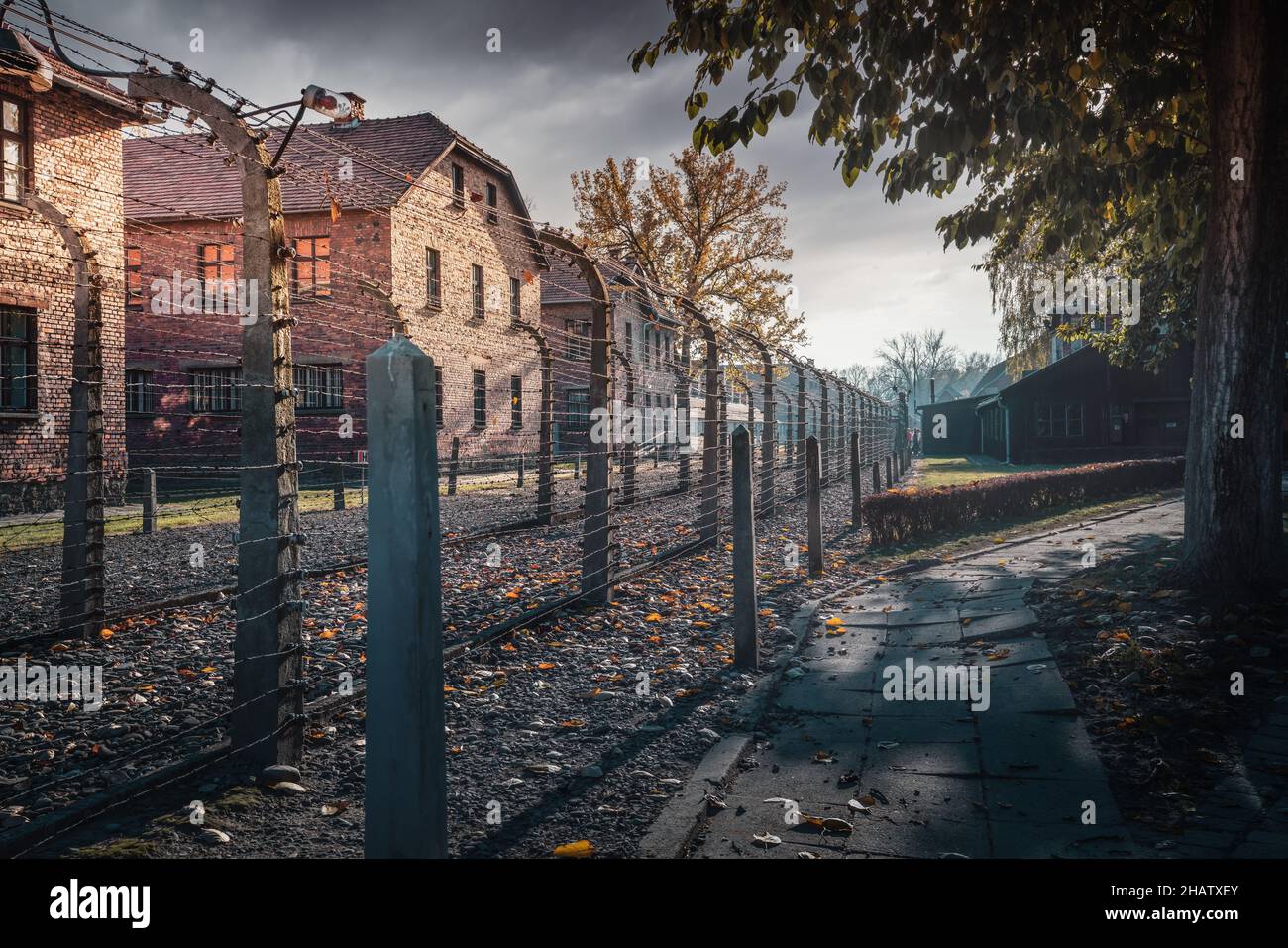 Clôture en barbelés et bâtiments à Auschwitz I - ancien camp allemand de concentration et d'extermination nazi - Pologne Banque D'Images