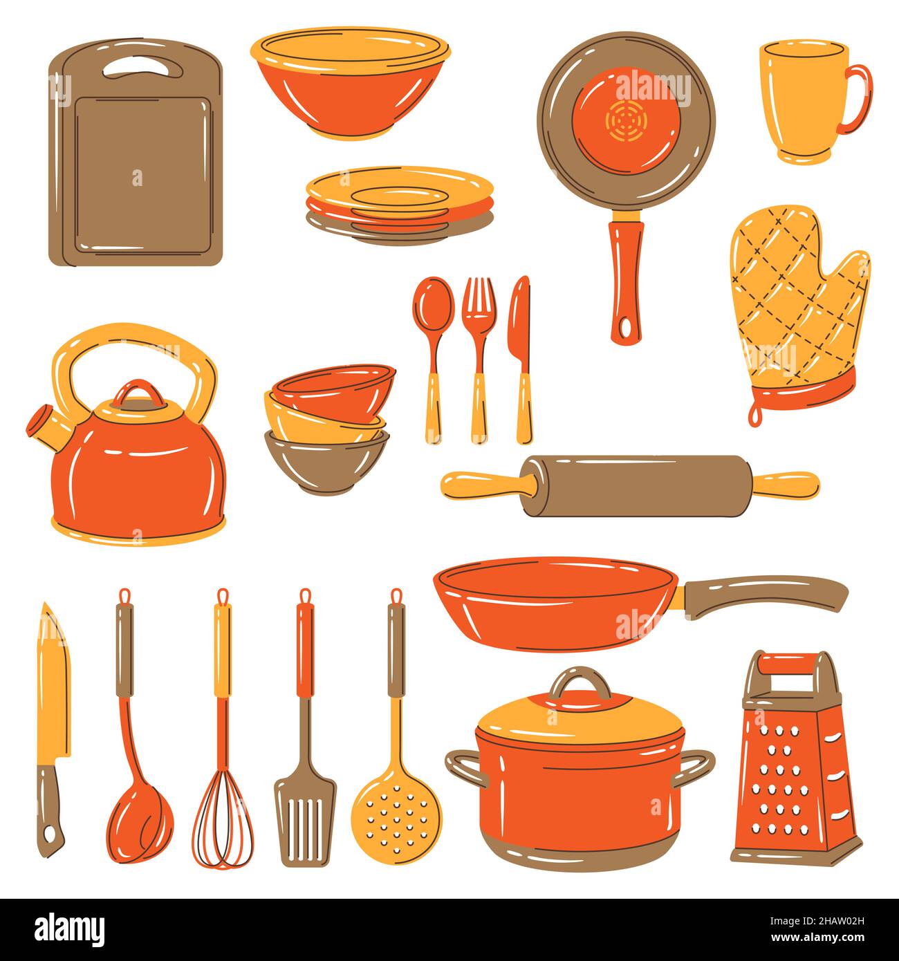 Ensemble d'ustensiles de cuisine. Outils de cuisine pour la maison et le restaurant. Illustration de Vecteur