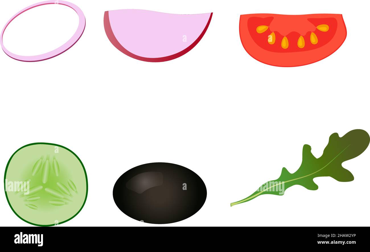 Oignon, radis, tomate, concombre, olive,dessin isolé arugula de style plat sur un fond transparent Illustration de Vecteur