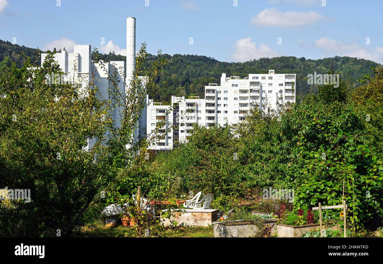 Jardin de l'allotissement et immeuble, Suisse Banque D'Images