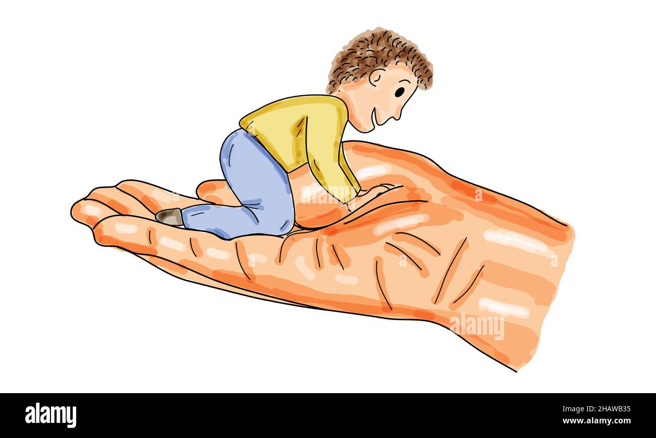 Illustration d'un petit enfant de sexe masculin jouant sur la paume d'une personne adulte - concept de garde d'enfants Banque D'Images