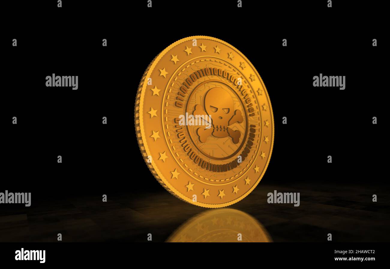 Le symbole de piratage du crâne, la cyber-attaque et la pièce d'or de crime sur fond vert d'écran.Résumé concept 3D illustration. Banque D'Images