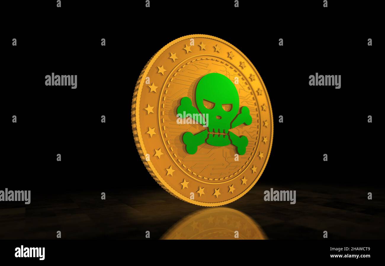 Le symbole de piratage du crâne, la cyber-attaque et la pièce d'or de crime sur fond vert d'écran.Résumé concept 3D illustration. Banque D'Images