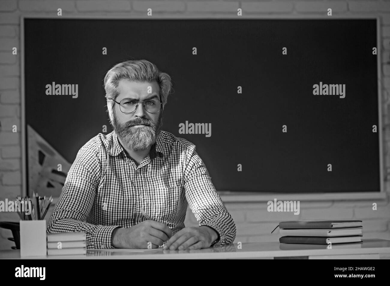Portrait d'un homme de race blanche confiant avec barbe en classe. Banque D'Images