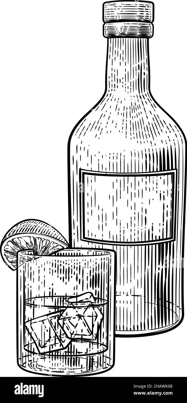 Citron vert et bouteille de glace verre boisson gravure Illustration de Vecteur