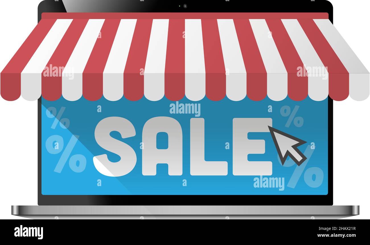 vente en ligne, maquette d'ordinateur portable avec store rouge et blanc, illustration vectorielle Illustration de Vecteur