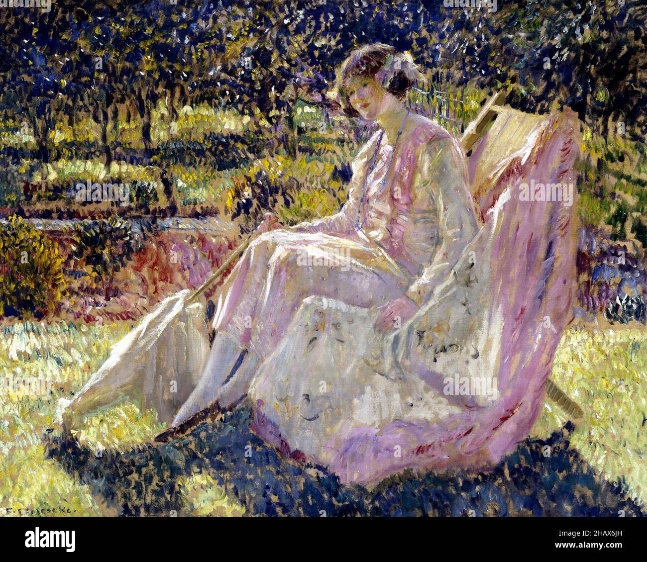 Bain de soleil par Frederick Carl Frieseke (1874-1939), huile sur toile, c.1913 Banque D'Images