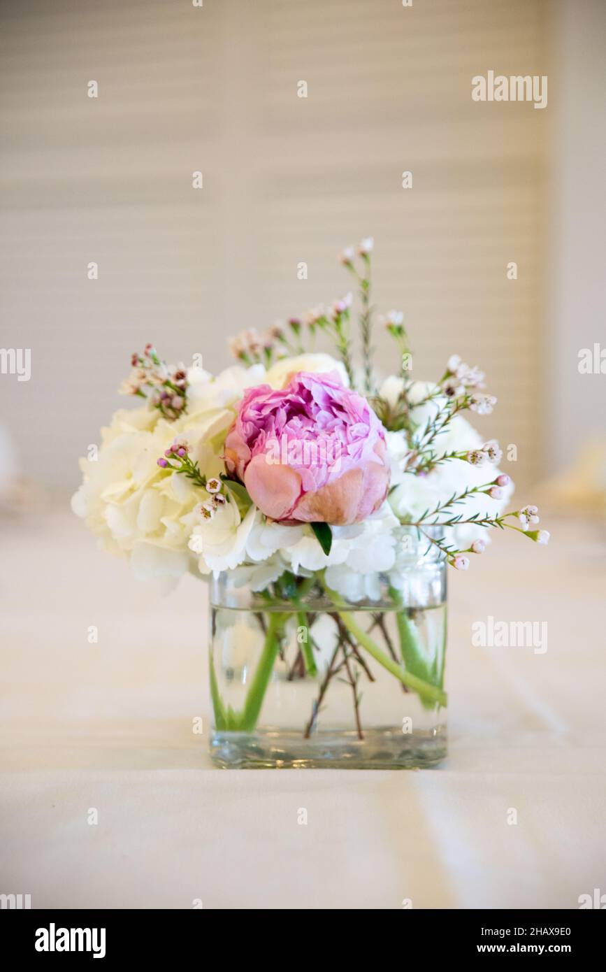 Œillets blancs et fleurs de pivoine rose dans un petit pot en verre Banque D'Images