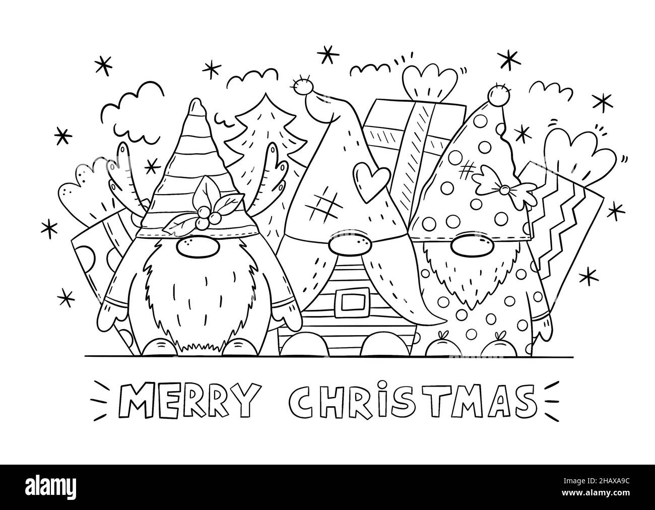 Page De Livre De Coloriage De Gnomes De Noel Carte De Coloriage Joyeux Noel Pour Les Enfants Photo Stock Alamy