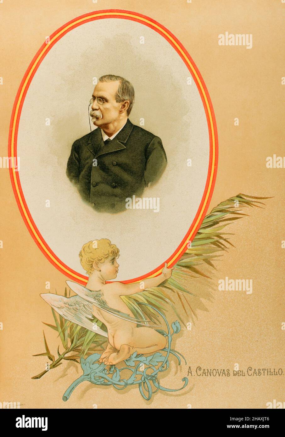 Antonio Cánovas del Castillo (1828-1897).Politicien et historien espagnol.Fondateur du Parti conservateur.Portrait.Chromolithography.'Historia général de España' (Histoire générale de l'Espagne), par Miguel Morayta.Volume VIIIMadrid, 1894. Banque D'Images