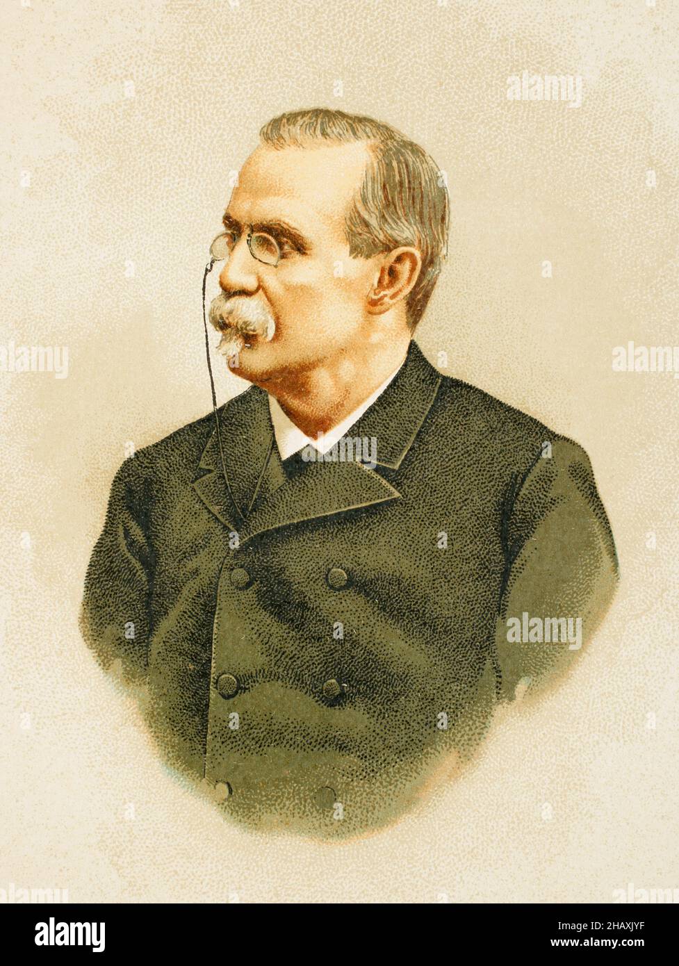 Antonio Cánovas del Castillo (1828-1897).Politicien et historien espagnol.Fondateur du Parti conservateur.Portrait.Chromolithography.'Historia général de España' (Histoire générale de l'Espagne), par Miguel Morayta.Volume VIIIMadrid, 1894. Banque D'Images