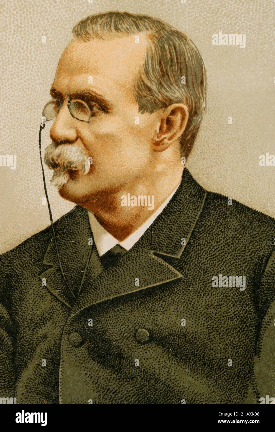 Antonio Cánovas del Castillo (1828-1897).Politicien et historien espagnol.Fondateur du Parti conservateur.Portrait.Chromolithography.'Historia général de España' (Histoire générale de l'Espagne), par Miguel Morayta.Volume VIIIMadrid, 1894. Banque D'Images