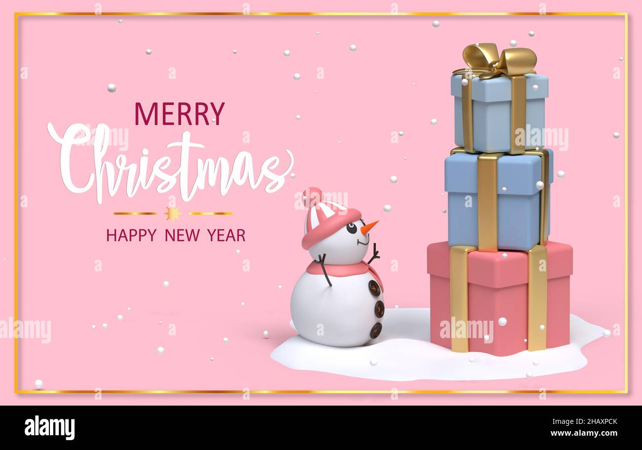 Carte de vœux de Noël rose avec bonhomme de neige.3D illustration Banque D'Images