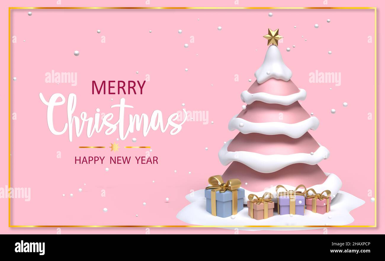 Carte de vœux de Noël rose avec arbre de noël.3D illustration Banque D'Images
