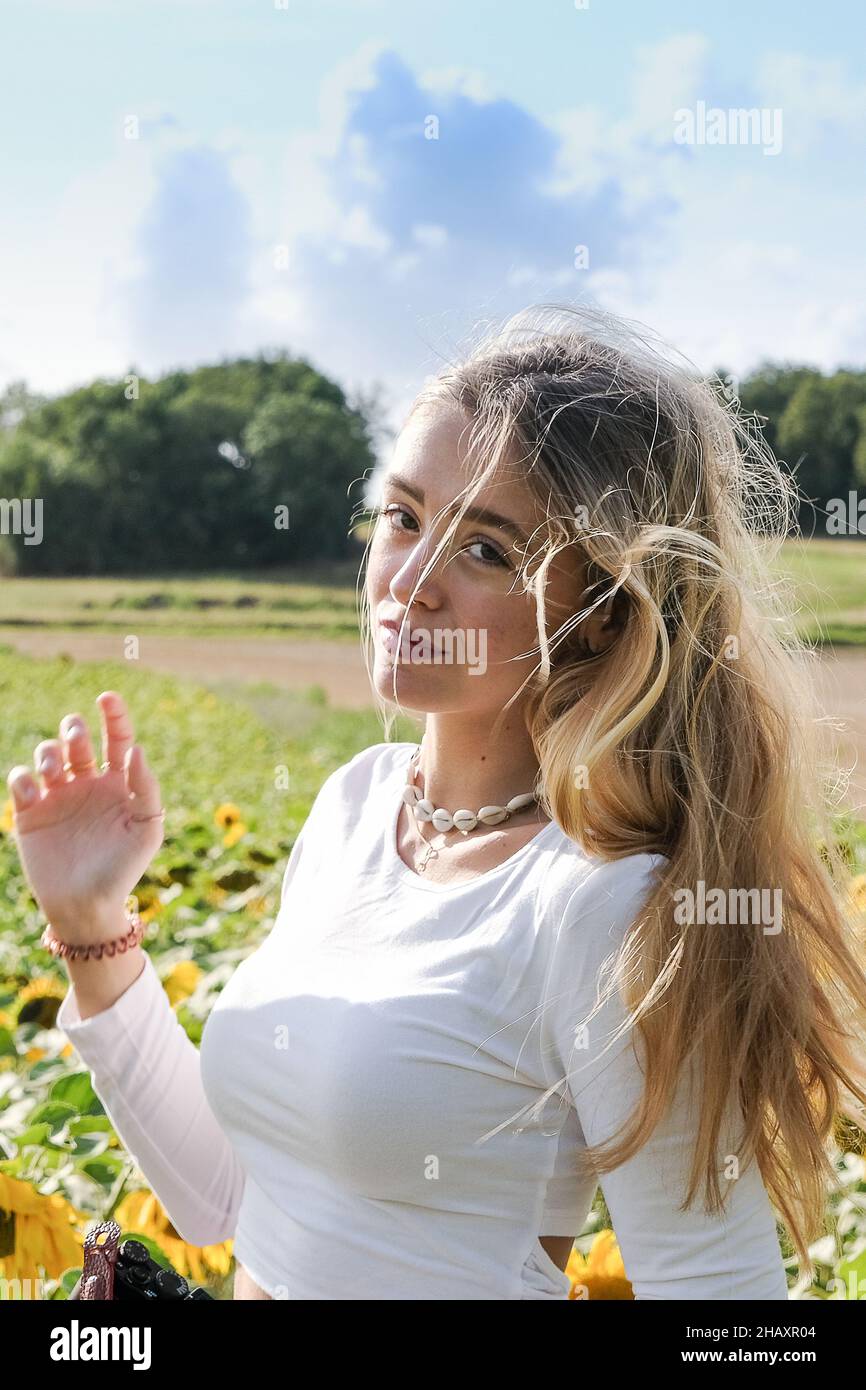 Portrait d'une belle fille balayée par le vent debout dans un champ de tournesol en été, France Banque D'Images